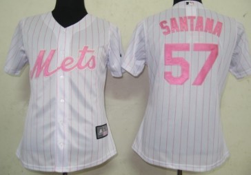 New York Mets #57 Santana White With Pink Pinstripe Womens Jersey 