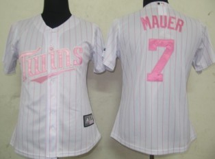 Minnesota Twins #7 Mauer White With Pink Pinstripe Womens Jersey 