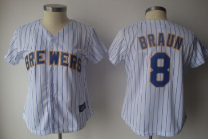 Milwaukee Brewers #8 Braun White With Blue Womens Jersey 