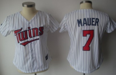 Minnesota Twins #7 Mauer White With Black Pinstripe Womens Jersey 