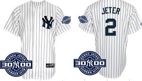 New York Yankees #2 Derek Jeter White 3000 Hits Patch Jersey