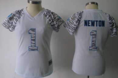 Carolina Panthers #1 Cam Newton White Womens Zebra Field Flirt Fashion Jersey 