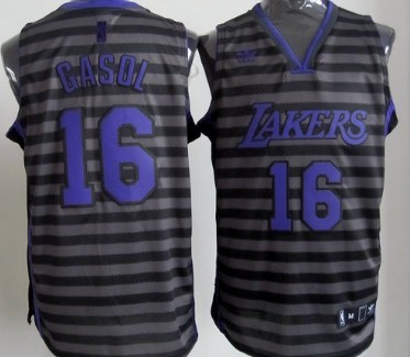 Los Angeles Lakers #16 Paul Gaslo Gray With Black Pinstripe Jersey 