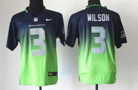 Nike Seattle Seahawks #3 Russell Wilson Navy Blue/Green Fadeaway Elite Jersey 