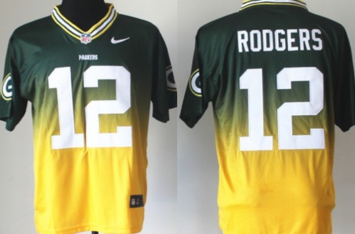 Nike Green Bay Packers #12 Aaron Rodgers Green/Yellow Fadeaway Elite Jersey 