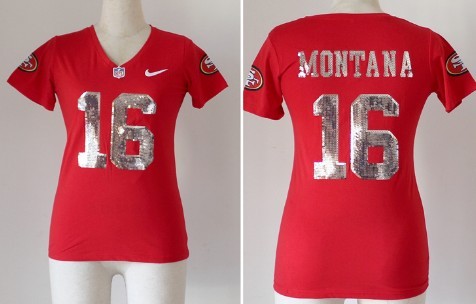 Nike San Francisco 49ers #16 Joe Montana Handwork Sequin Lettering Fashion Red Womens Jersey 