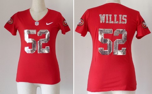 Nike San Francisco 49ers #52 Patrick Willis Handwork Sequin Lettering Fashion Red Womens Jersey 