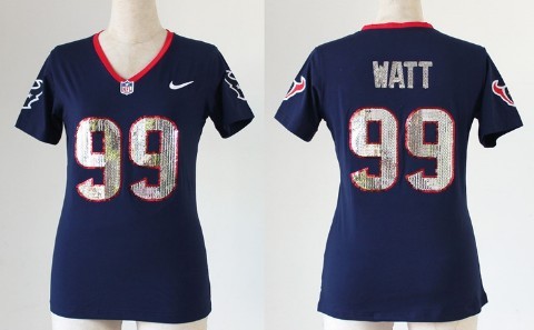 Nike Houston Texans #99 J.J. Watt Handwork Sequin Lettering Fashion Blue Womens Jersey 