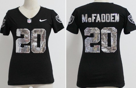 Nike Oakland Raiders #20 Darren McFadden Handwork Sequin Lettering Fashion Black Womens Jersey 