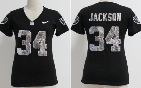 Nike Oakland Raiders #34 Bo Jackson Handwork Sequin Lettering Fashion Black Womens Jersey 