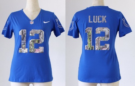 Nike Indianapolis Colts #12 Andrew Luck Handwork Sequin Lettering Fashion Blue Womens Jersey