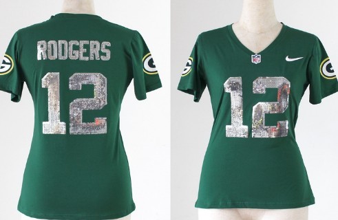 Nike Green Bay Packers #12 Aaron Rodgers Handwork Sequin Lettering Fashion Green Womens Jersey 