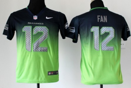 Nike Seattle Seahawks #12 Fan Navy Blue/Green Fadeaway Kids Jersey 