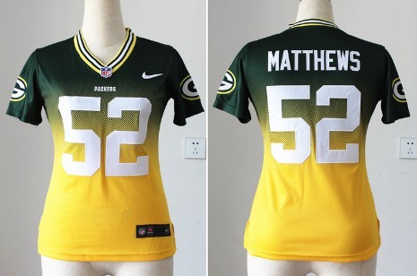 Nike Green Bay Packers #52 Clay Matthews Green/Yellow Fadeaway Womens Jersey 