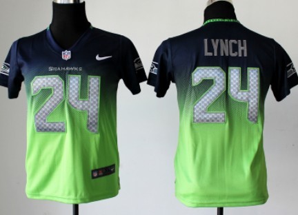 Nike Seattle Seahawks #24 Marshawn Lynch Navy Blue/Green Fadeaway Kids Jersey 