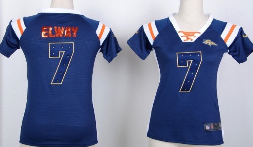 Nike Denver Broncos #7 John Elway Drilling Sequins Blue Womens Jersey