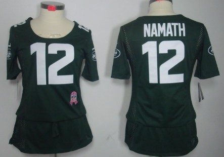 Nike New York Jets #12 Joe Namath Breast Cancer Awareness Green Womens Jersey 