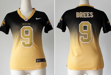 Nike New Orleans Saints #9 Drew Brees Black/Gold Fadeaway Womens Jersey 