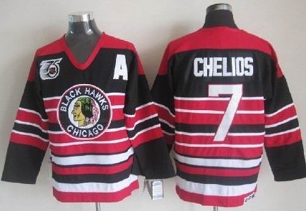 Chicago Blackhawks #7 Chris Chelios Black Pinstripe 75TH Throwback CCM Jersey