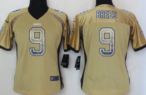 Nike New Orleans Saints #9 Drew Brees Drift Fashion Gold Womens Jersey 