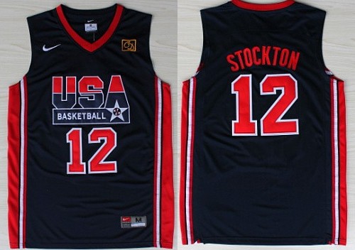 1992 Olympics Team USA #12 John Stockton Navy Blue Swingman Jersey 