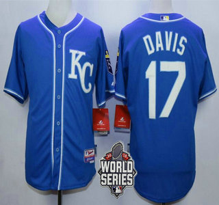 Men's Kansas City Royals #17 Wade Davis KC Blue Alternate Baseball Jersey With 2015 World Series Patch