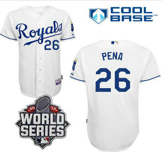 Men's Kansas City Royals #26 Francisco Pena White Home Baseball Jersey With 2015 World Series Patch