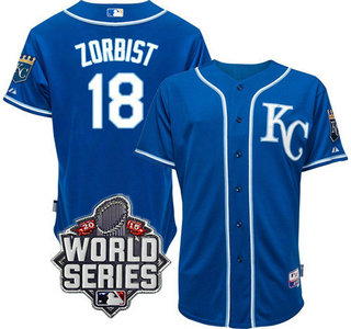 Men's Kansas City Royals #18 Ben Zobrist KC Blue Alternate Baseball Jersey With 2015 World Series Patch