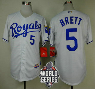 Men's Kansas City Royals #5 George Brett White Home Baseball Jersey With 2015 World Series Patch