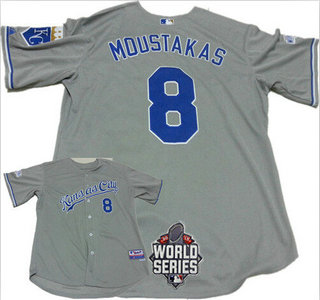 Men's Kansas City Royals #8 Mike Moustakas Gray Away Baseball Jersey With 2015 World Series Patch