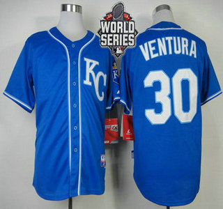 Men's Kansas City Royals #30 Yordano Ventura KC Blue Alternate Baseball Jersey With 2015 World Series Patch