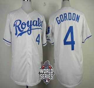 Men's Kansas City Royals #4 Alex Gordon White Home Baseball Jersey With 2015 World Series Patch