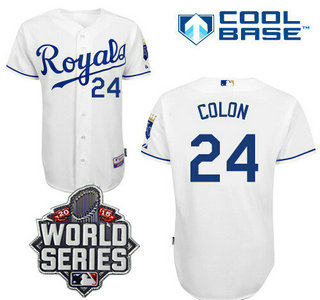 Men's Kansas City Royals #24 Christian Colon White Home Baseball Jersey With 2015 World Series Patch