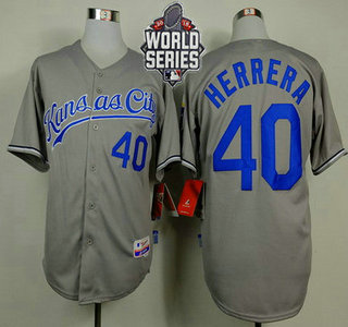 Men's Kansas City Royals #40 Kelvin Herrera Gray Away Baseball Jersey With 2015 World Series Patch