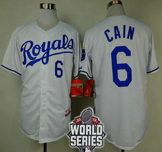 Men's Kansas City Royals #6 Lorenzo Cain White Home Baseball Jersey With 2015 World Series Patch