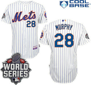 New York Mets Authentic #28 Daniel Murphy Home White Pinstripe 2015 World Series Patch Jersey