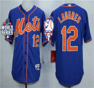 Men's New York Mets #12 Juan Lagares Royal Blue Orange Cool Base Jersey with World Series Participant