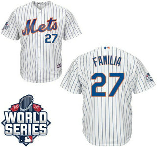 New York Mets #27 Jeurys Familia Home White Pinstripe Authentic Cool Base Jersey with 2015 World Series Participant Patch