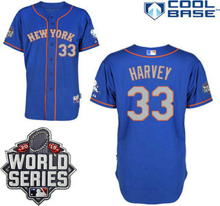 New York Mets Authentic #33 Matt Harvey Alternate Road Blue Gray Jersey with 2015 World Series Patch