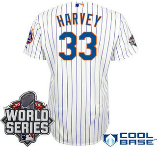 New York Mets Authentic #33 Matt Harvey Home White Pinstripe 2015 World Series Patch Jersey