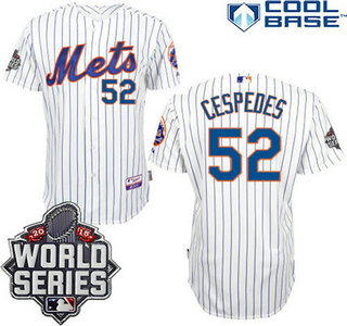 Men's New York Mets #52 Yoenis Cespedes Home White Pinstripe 2015 World Series Patch Jersey