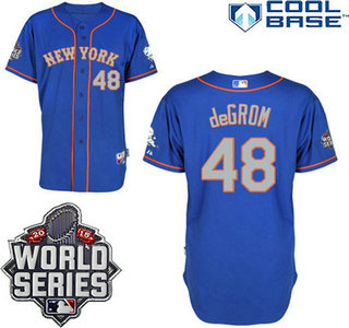 New York Mets Authentic #48 Jacob deGrom Alternate Road Blue Gray Jersey with 2015 World Series Patch