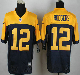 Green Bay Packers #12 Aaron Rodgers Navy Blue With Gold NFL Nike Elite Jersey