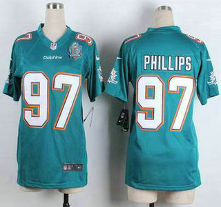 Women's Miami Dolphins #97 Jordan Phillips Aqua Green Team Color 2015 NFL 50th Patch Nike Game Jersey