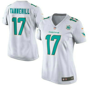 Women's Miami Dolphins #17 Ryan Tannehill White Road 2015 NFL 50th Patch Nike Game Jersey