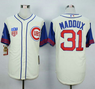 Men's Chicago Cubs #31 Greg Maddux Cream With Blue 1942 Turn Back The Clock Jersey