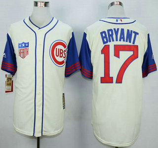 Men's Chicago Cubs #17 Kris Bryant Cream With Blue 1942 Turn Back The Clock Jersey