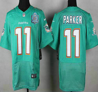 Men's Miami Dolphins #11 DeVante Parker Aqua Green Team Color 2015 NFL 50th Patch Nike Elite Jersey