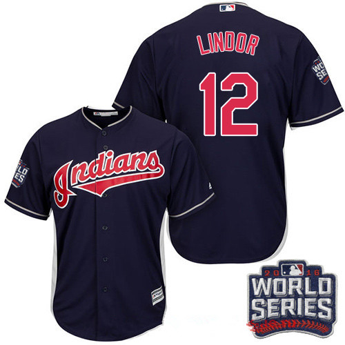 Men's Cleveland Indians #12 Francisco Lindor Navy Blue Alternate 2016 World Series Patch Stitched MLB Majestic Cool Base Jersey