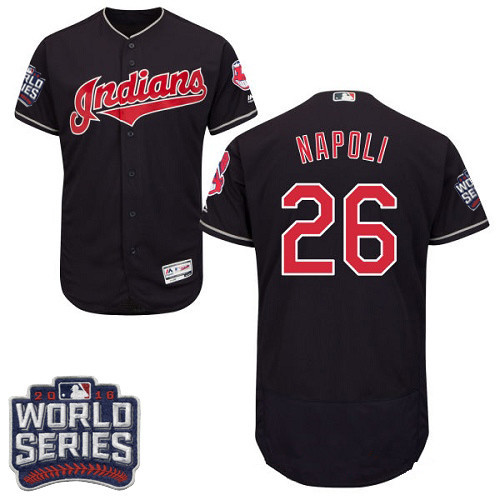 Men's Cleveland Indians #26 Mike Napoli Navy Blue 2016 World Series Patch Stitched MLB Majestic Flex Base Jersey